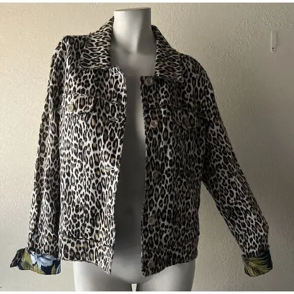 TOMMY BAHAMA TWO PALMS LAGOON LEOPARD 100% LINEN RAW EDGE FLIP CUFF JACKET Large - Picture 4 of 16